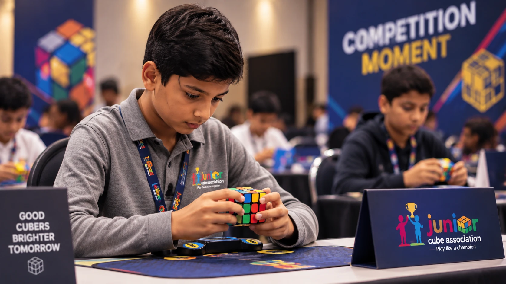 Young cubers competing at a JCA championship table