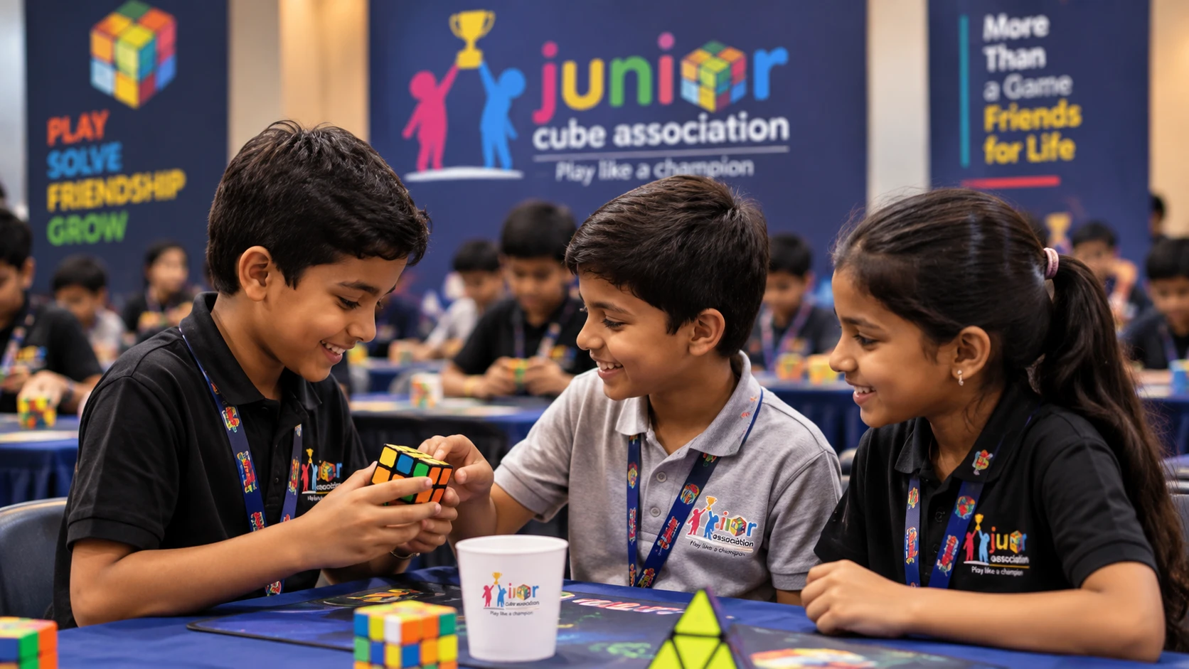 Children practising cubes together at a JCA event
