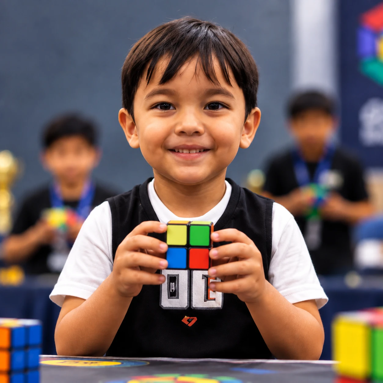 Advik S., the youngest JCA record holder, holding a cube