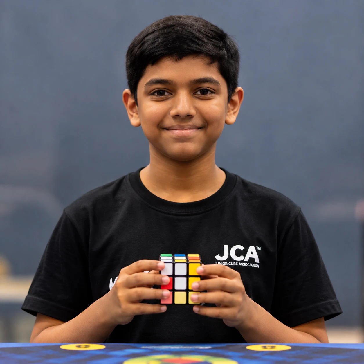 Arnav K. holding a cube